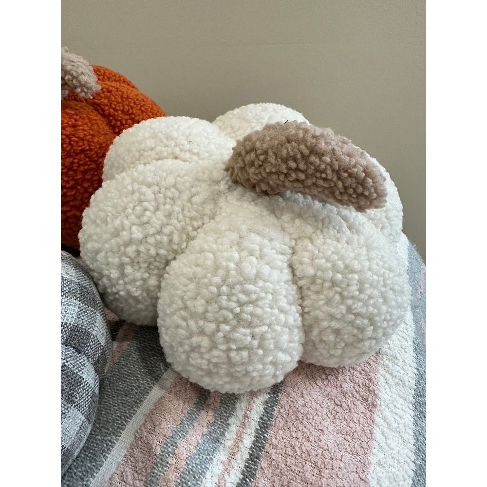 Set of 3 Decorative Pumpkins Sherpa and Plaid Fall Autumn Decor Orange Gray - Picture 3 of 8